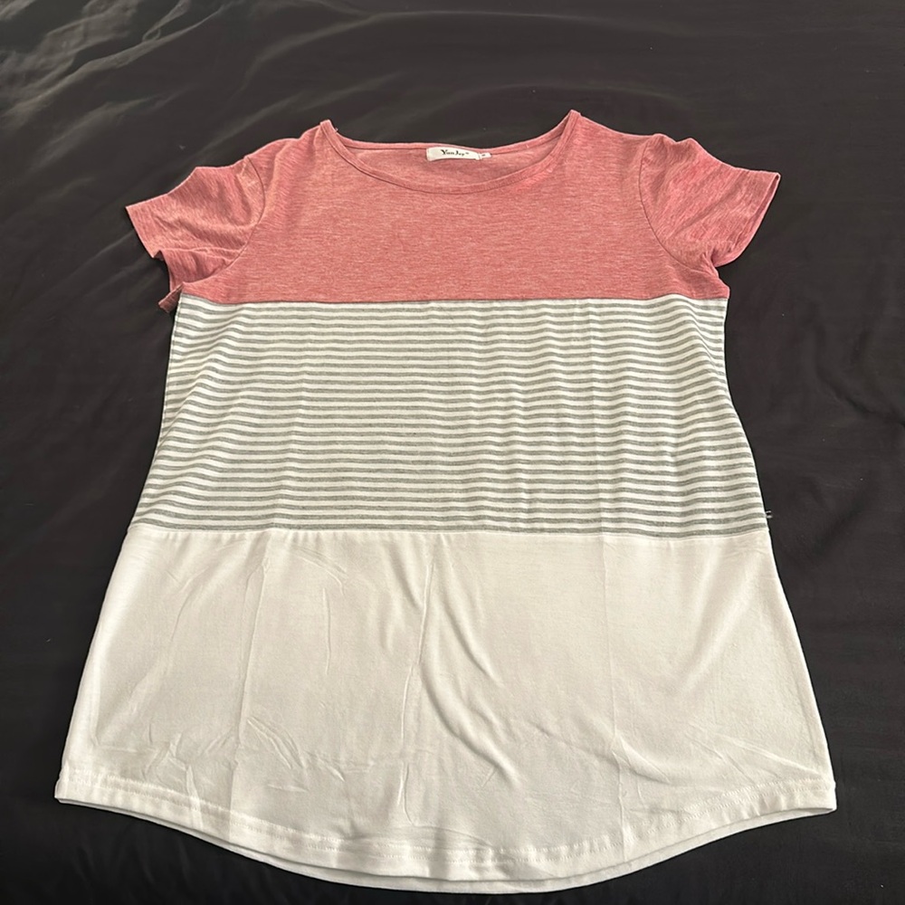 YunJey Round Neck Triple Color Block Stripe T-Shirt